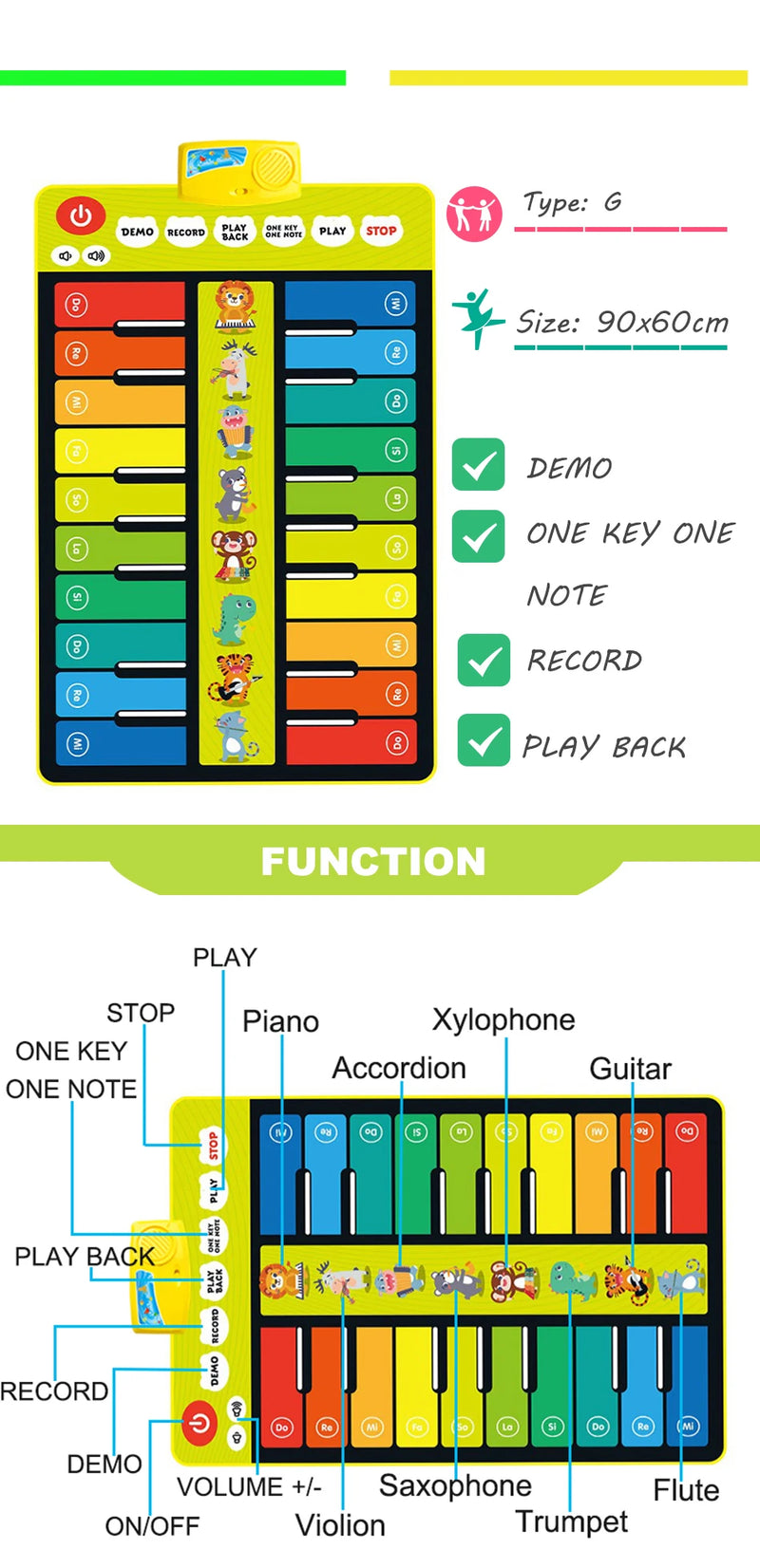 Kids Musical Piano Mat, Duet Keyboard, Piano Floor with 8 Instruments